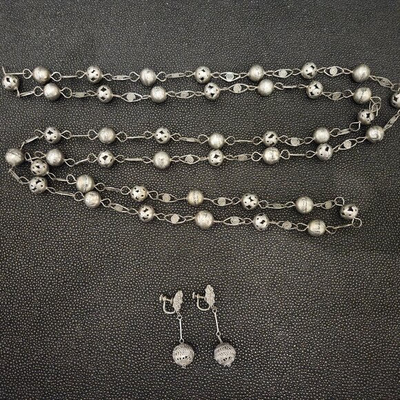 CANNETILLE FILIGREE BALL & LASSO WEDDING NECKLACE WITH MATCHING CLIP-ON EARRINGS - Picture 5 of 13